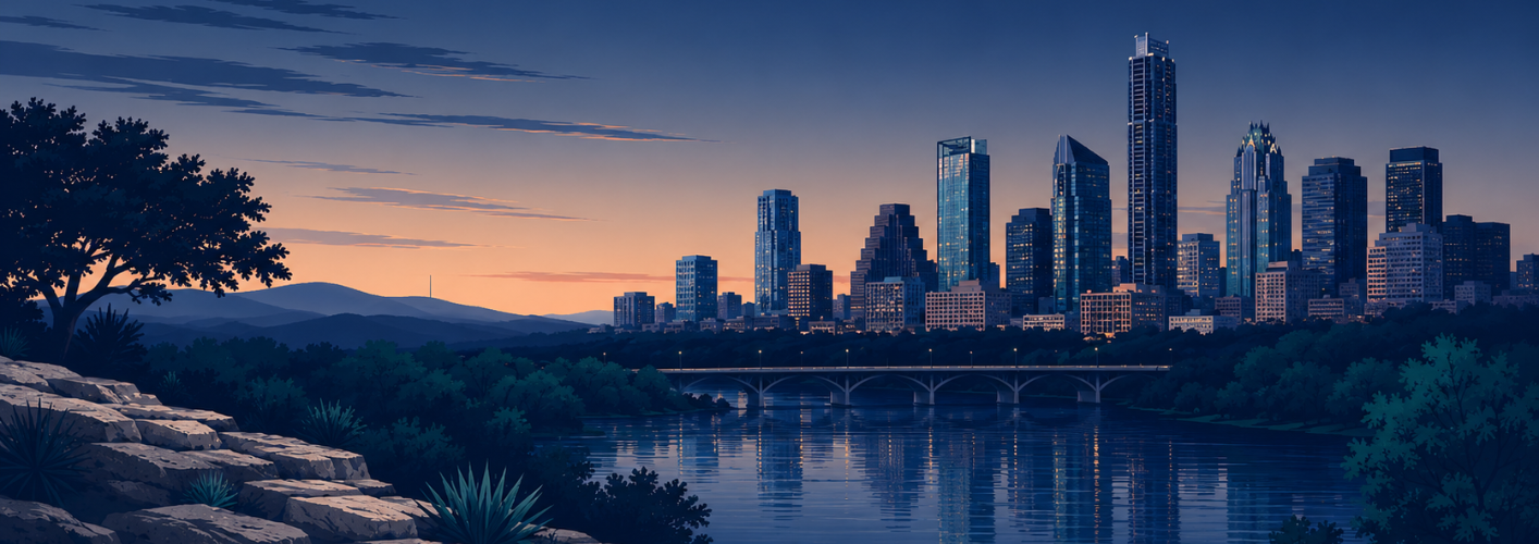 Austin skyline at dusk, viewed across the Colorado River.