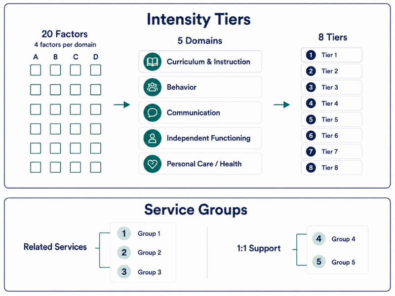 Framework hierarchy diagram &mdash; twenty factors grouped into five domains, combining into eight intensity tiers, with service groups branching as a parallel track.