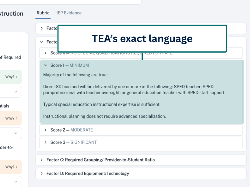 Per-student rationale view &mdash; five domains with assigned rating levels and TEA's exact language for each level quoted verbatim underneath.