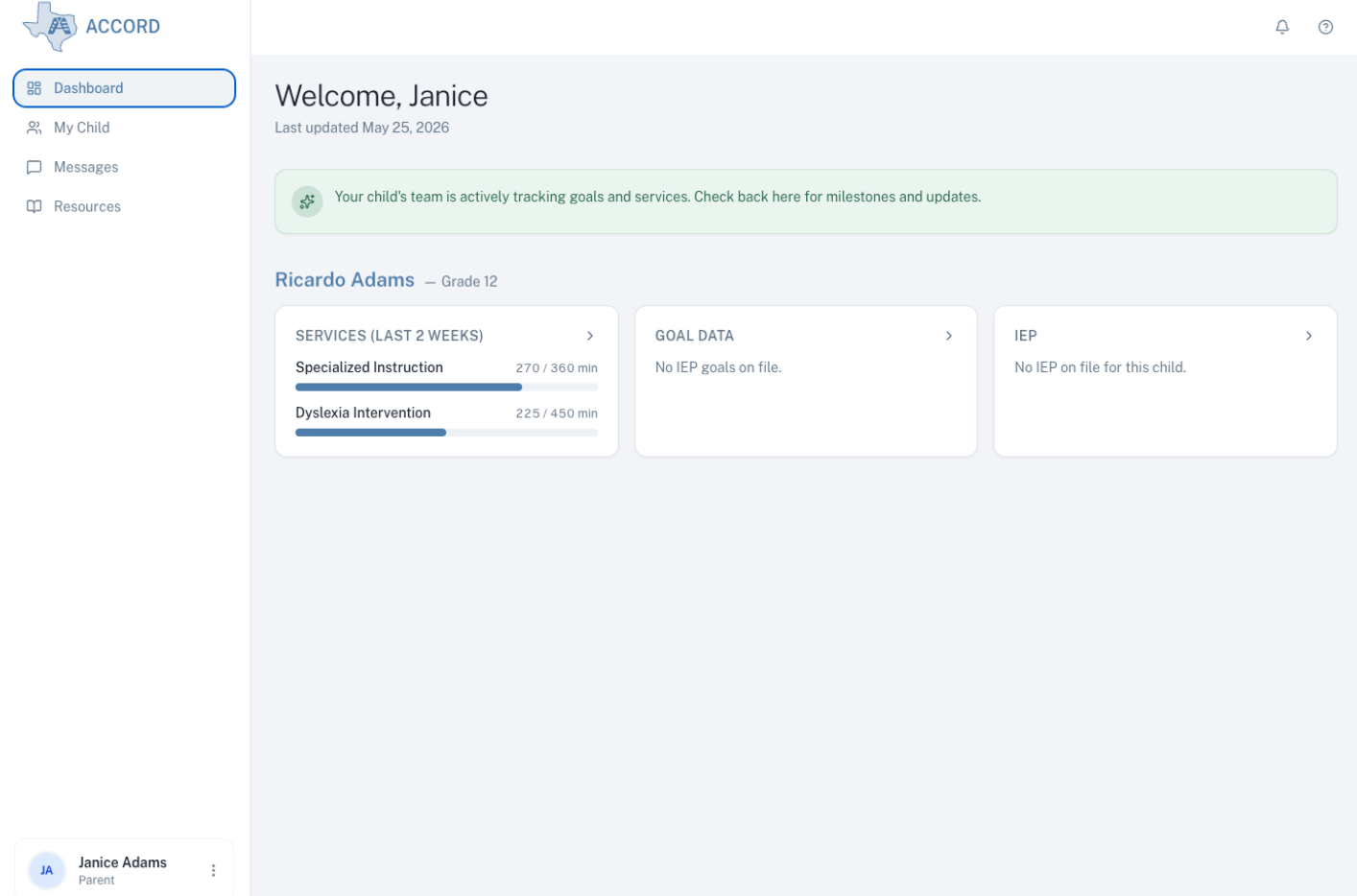 Parent dashboard, single-child detail &mdash; Services card, Goal Data card, and IEP card visible for one child.