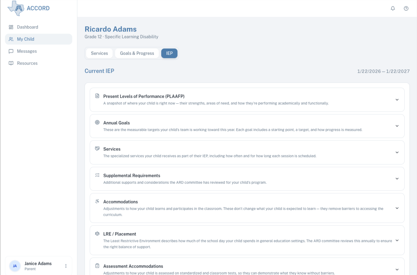My Child &rarr; IEP tab &mdash; accordion of section titles with one section expanded showing its plain-language explanation.