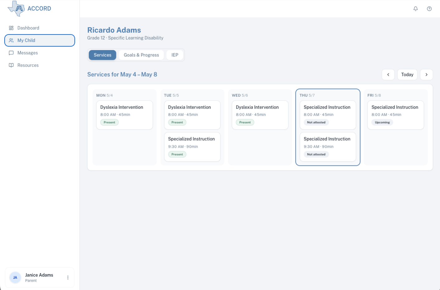 My Child &rarr; Services tab, week view &mdash; per-session cards across the week with service type, time, duration, who delivered it, and attendance status.