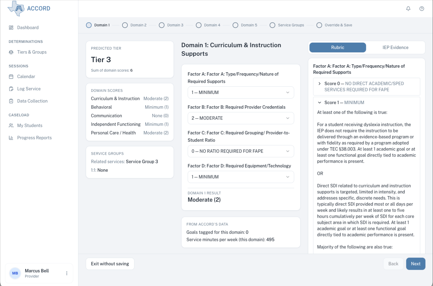 Funding-determination wizard mid-rating &mdash; relevant IEP content on one side, rubric language for the current factor on the other.