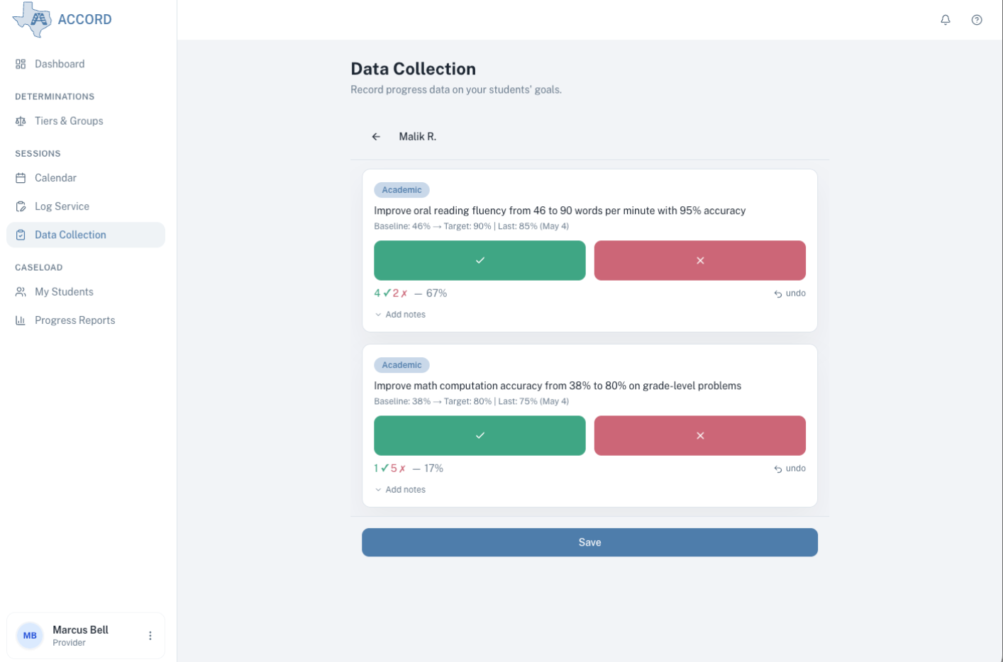 Data Collection screen &mdash; a per-student per-goal card showing baseline, target, and latest, with trial buttons for capturing data on the phone.