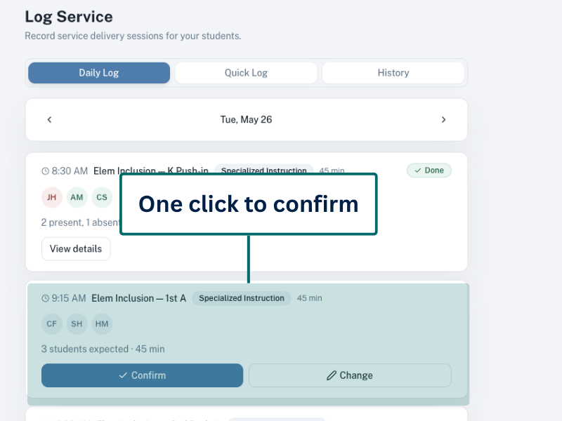Provider logging view &mdash; a session being marked delivered with the student's goals listed and goal-progress data being captured alongside.